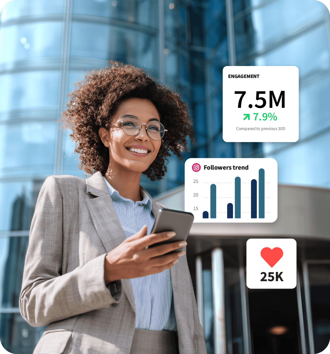 Professional checking social media metrics on phone outside office building, with engagement stats showing 7.5M followers and growth charts