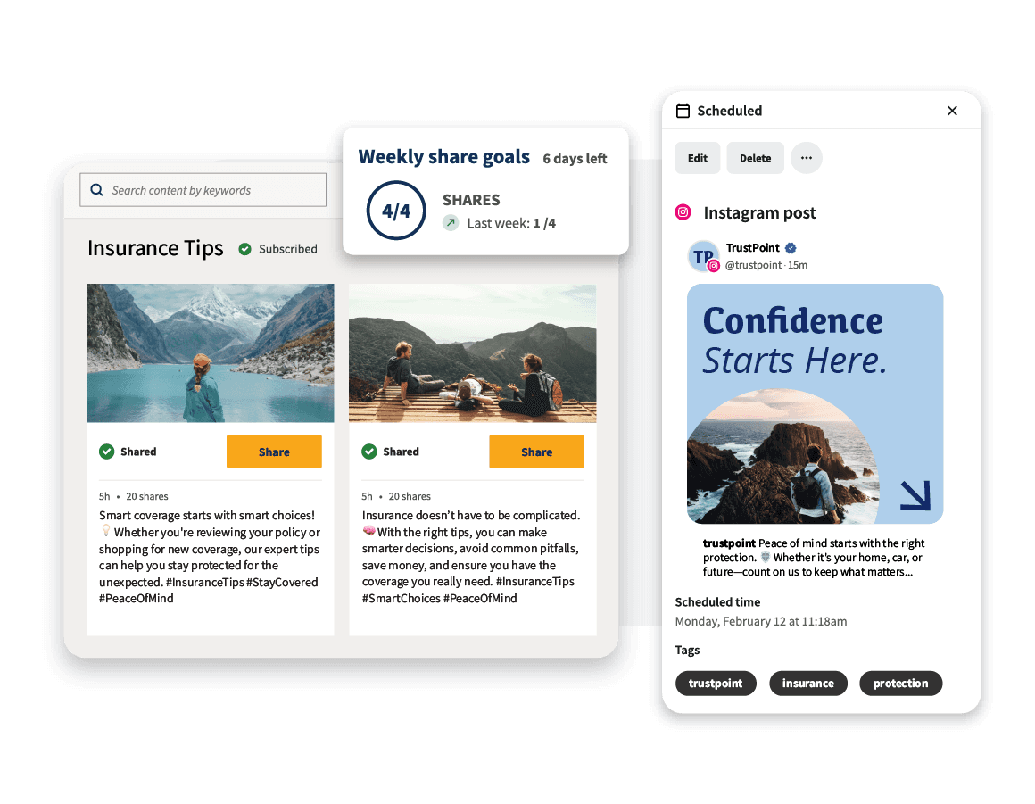 Two mobile screens display scheduled posts about insurance tips and a weekly share goals tracker showing 4 out of 4 shares completed.
