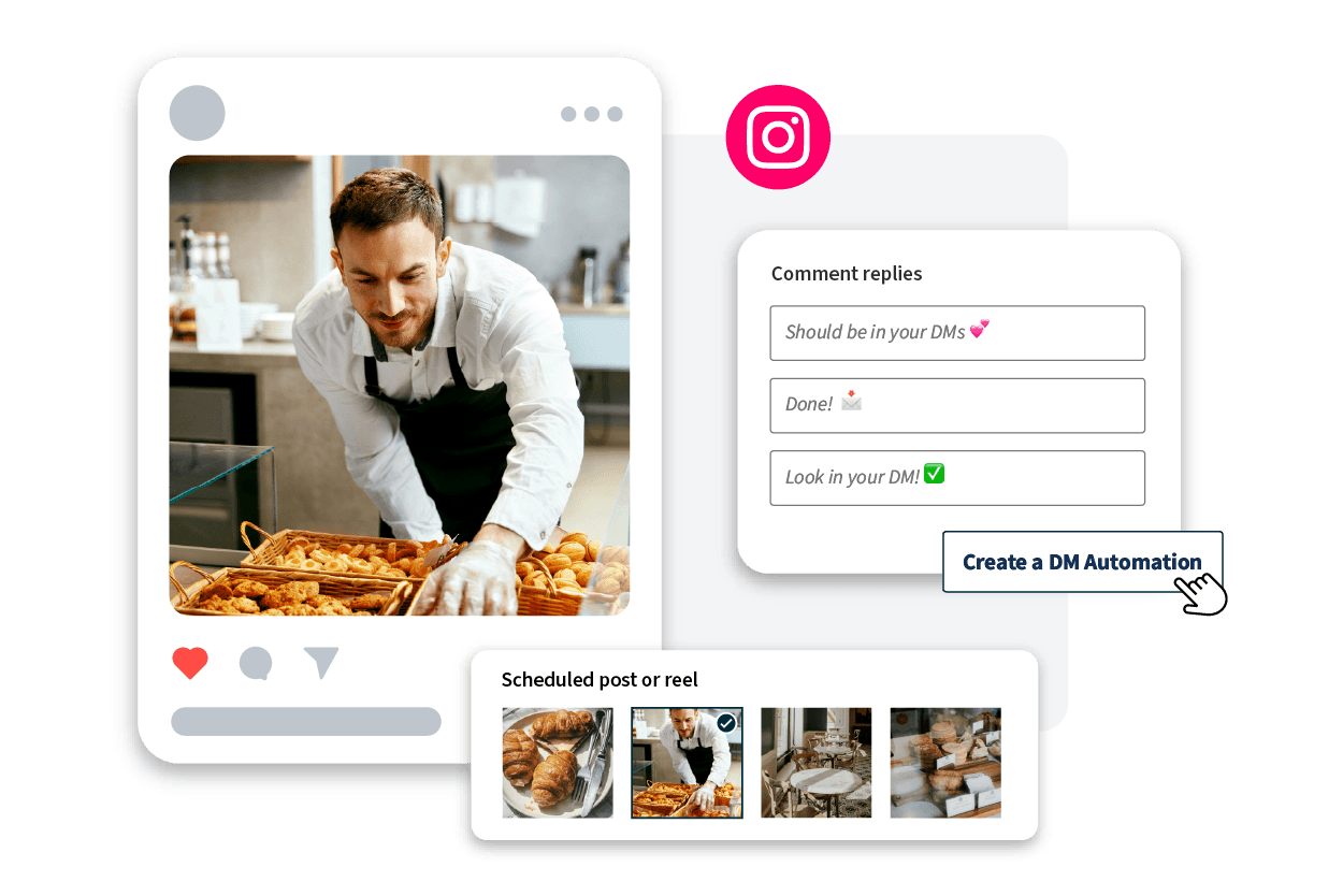 Chef in white shirt and black apron arranging fresh pastries in a bakery display case, with Instagram interface elements shown